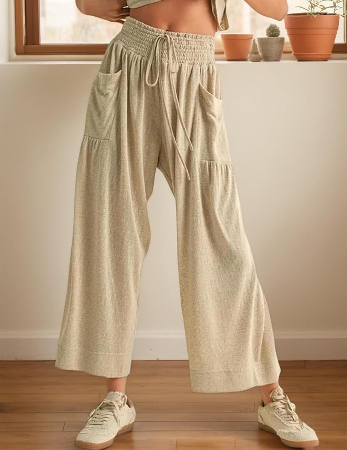 Womens 2 Piece Smocked Top Wide-Leg Pants Set Boho Outfits With Pockets Casual Ruffle High-Waisted Matching - Image 2