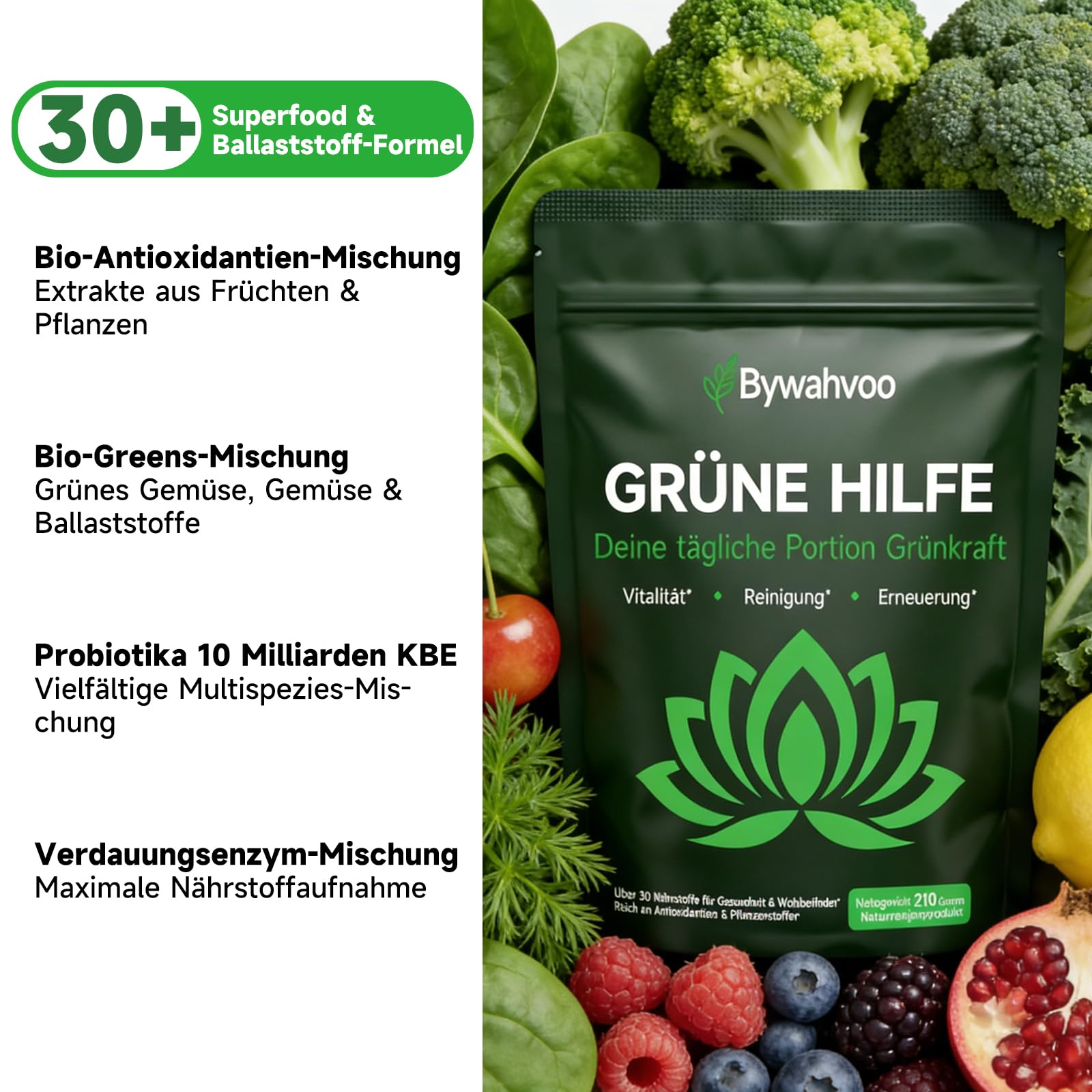 Grüne Entgiftungspulver 210g, Superfood Pulver zum Abnehmen, Helfer Greens Pflanzenpulver mit Matcha, Gerstengras, Spirulina & Heidelbeeren, Vegan