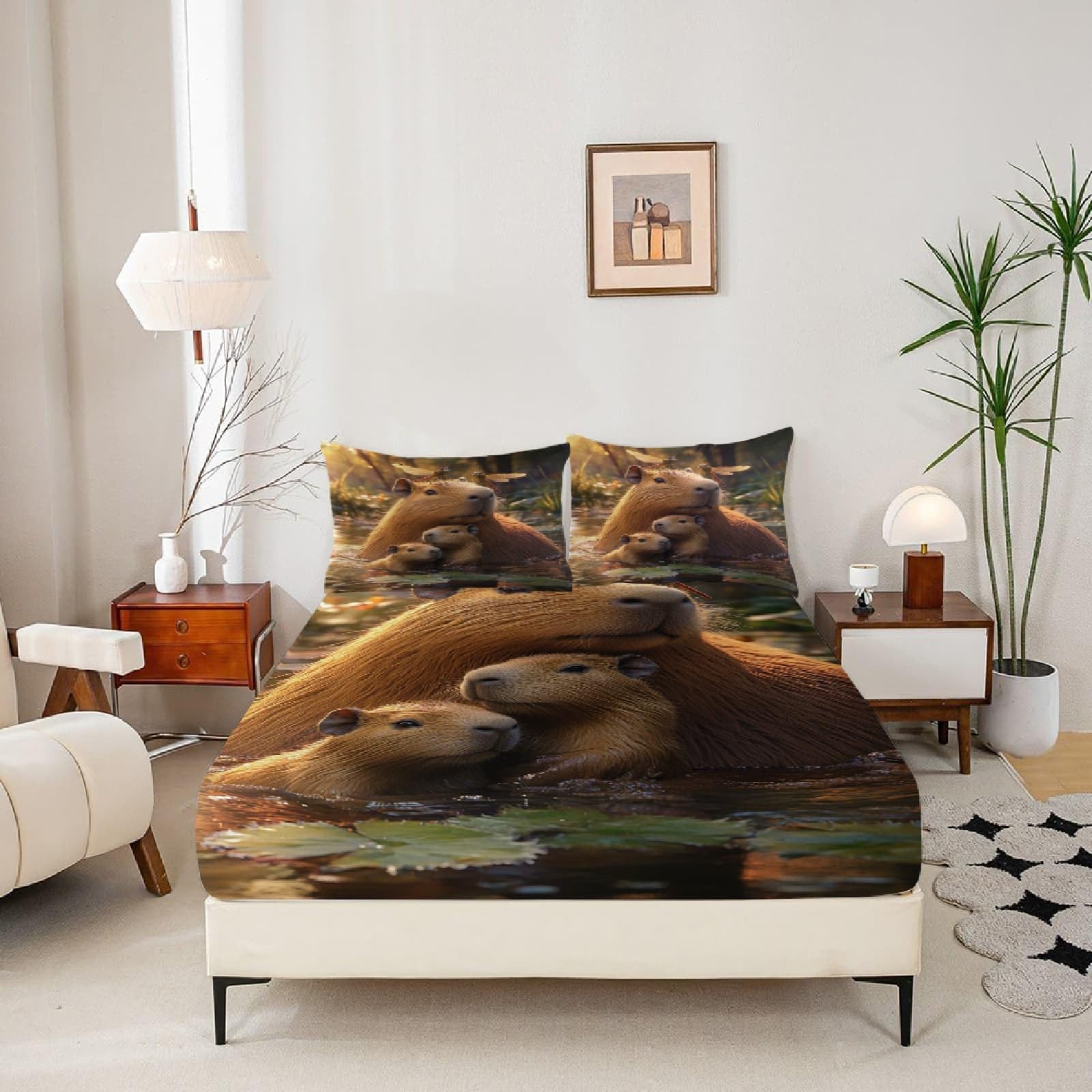 Carina Famiglia di Capibara Lenzuola Matrimoniale Set di Biancheria da Letto Marrone Lenzuolo con Angoli, Coprimaterasso 180x200x30 cm Microfibra Morbido e 2 Federe per Matrimoniali