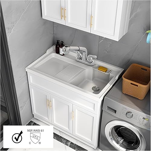 Miniatura 6 de Wasserman - Grifo de fregadero de 2 manijas con rociador extraíble en cromo, plástico ABS no metálico, juego central de 4 pulgadas para lavandería,