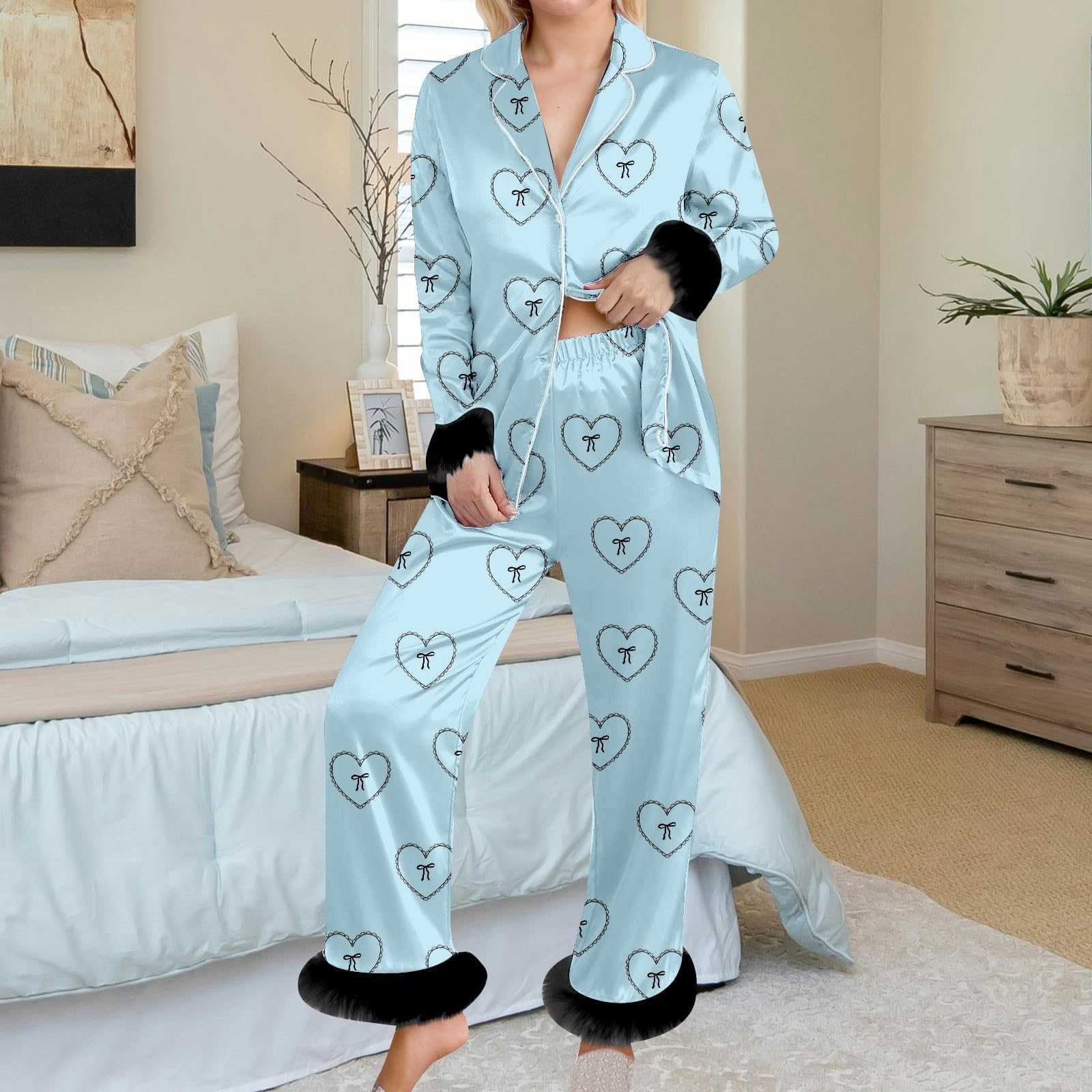 Pijama de Franela Estampado, Acogedor, de Dos Piezas, con Dobladillo, Suave y cómodo para Relajarse en casa.
