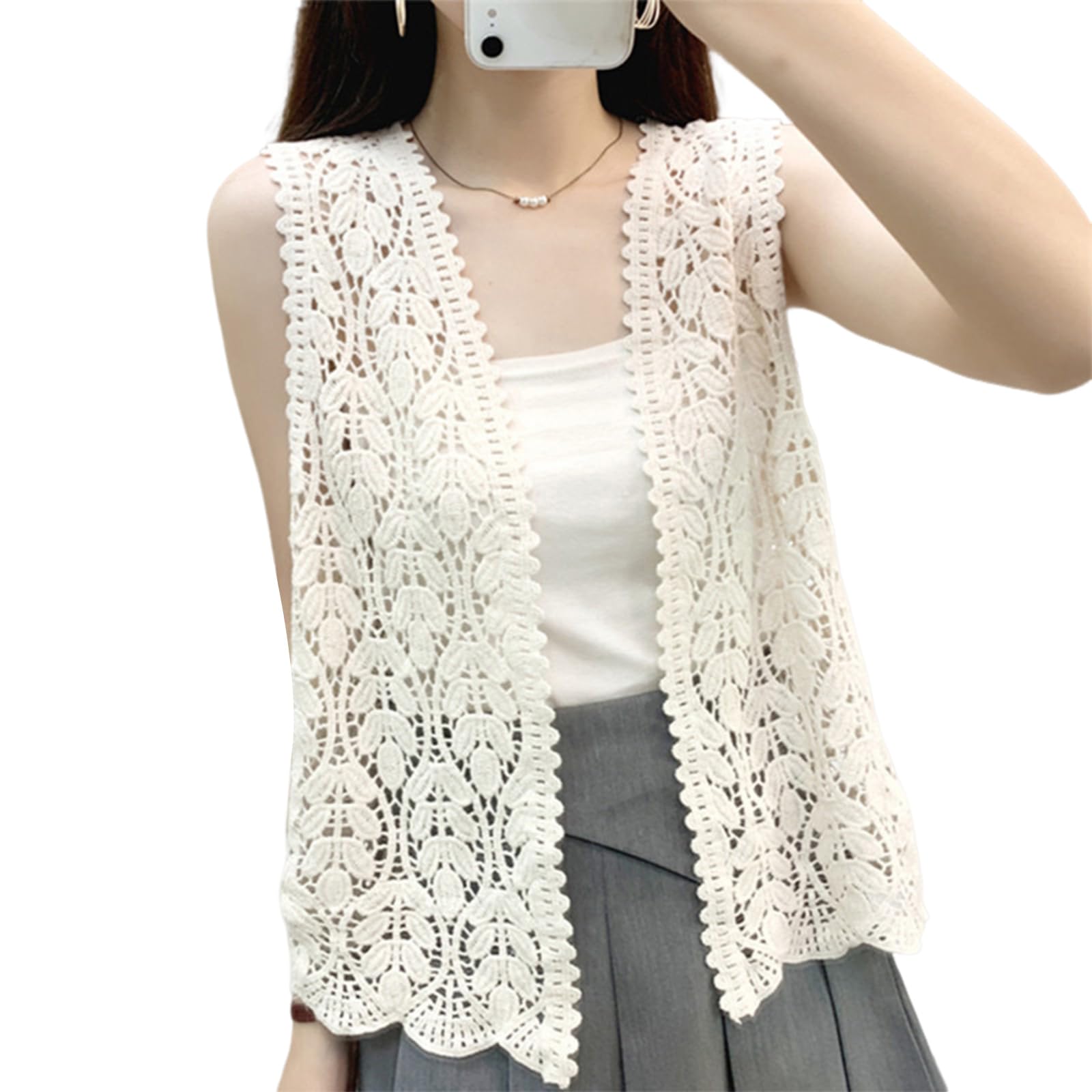 Limtula Women Vintage Hollowed Out Crochet Knitted Sleeveless Cardigans Open Front Flower Pattern Sweater Vests Top Waistcoat Hollowed Knitted Sleeveless Sweater Cardigans