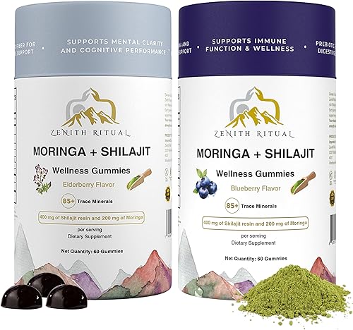 Paquete de 2 gomitas Shilajit y Moringa (saúco y arándano)  Energía, inmunidad y vitalidad  75% ácido fúlvico  Vegano y sin azúcar añadido