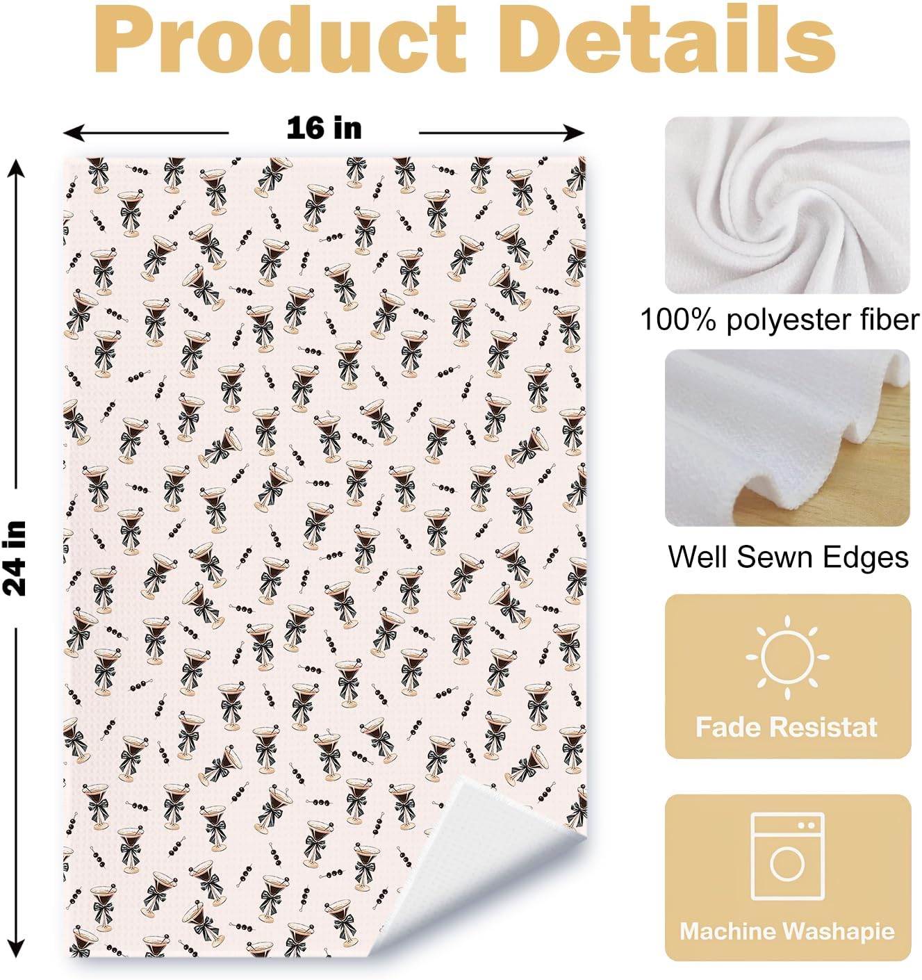 Pink Trendy Espresso Martini Kitchen Towels, Gifts for Martini Lovers Dish Tea Bar Towels for Kitchen Bar Cart Decor, Cocktail Lover Gifts Decorative Hand Towels, 16x24 Inches - Image 6