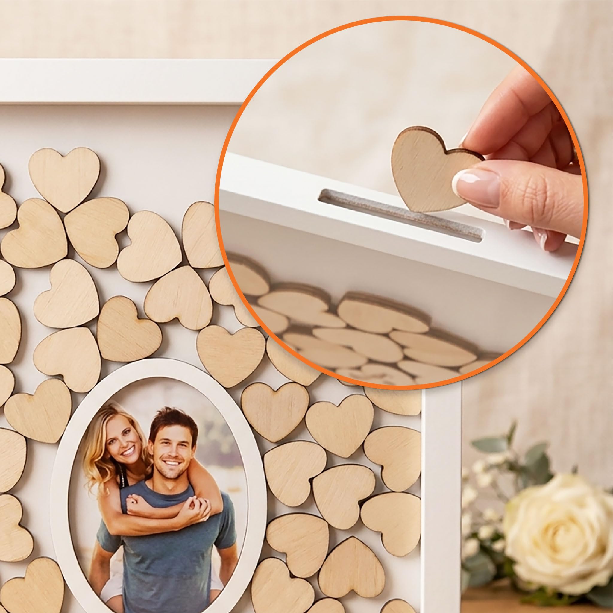 Livre d'or Spetebo avec cadre photo et 72 cœurs en bois sur lesquels écrire - Idéal pour un mariage