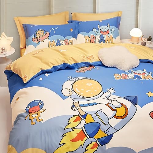 Miniatura 3 de SAPHREAS - Juego de funda de edredón de 4 piezas queen con sábana bajera 100 % algodón, con estampado para niños de planetas y astronautas. Edredón