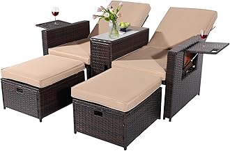 5PCS Outdoor Wicker Chaise Lounge Chair - Rattan Adjustable Reclining Patio Lounge Chair with Ottoman and Coffee Table, for Patio Beach Pool Backyard (Brown Wicker Khaki Cushion)