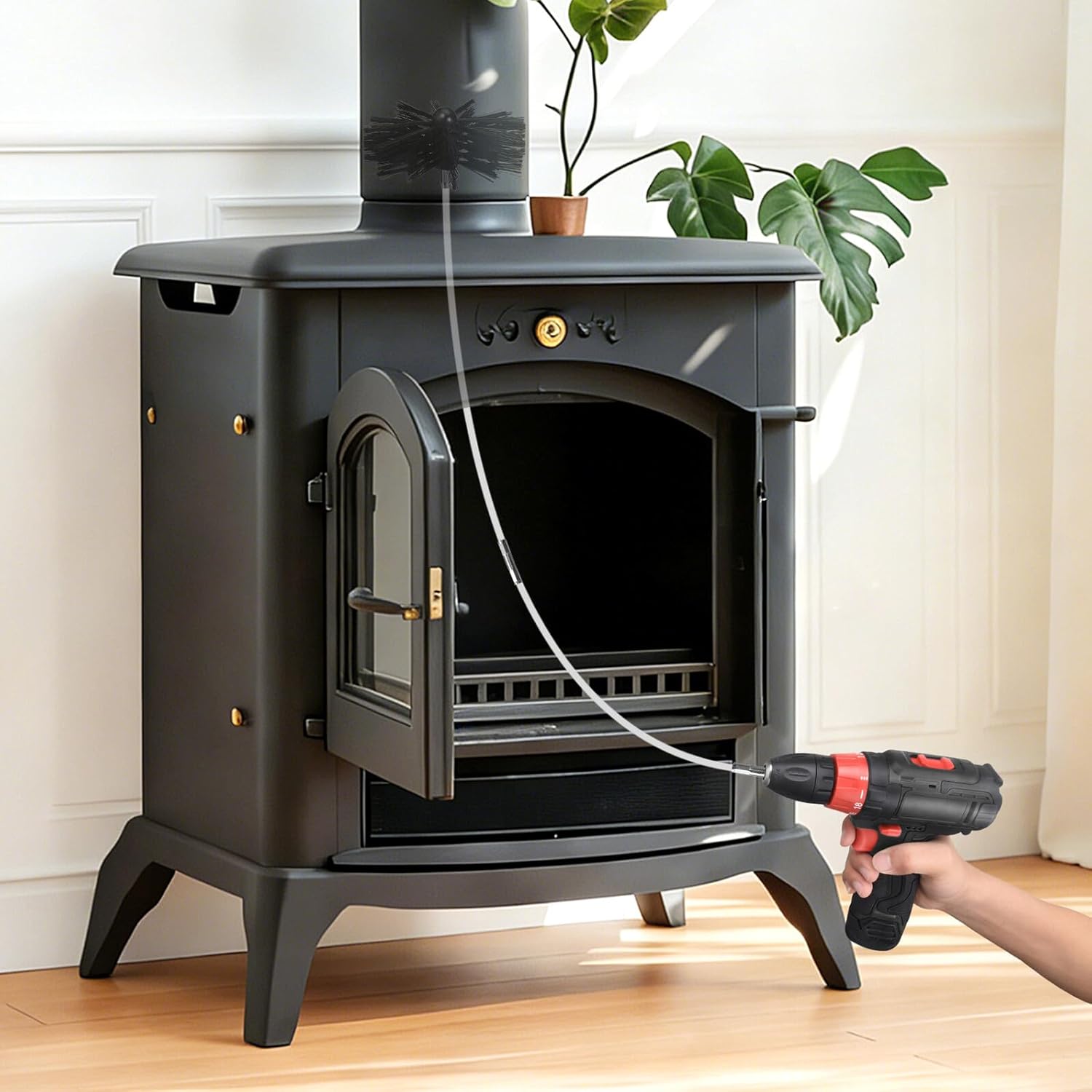 Chimney Cleaning Kit with 23 Flexible Rods and 2 Sturdy 6-inch Brush Heads, Dryer Vent Cleaner Tool Kit for Fireplace, Air Duct, and Kitchen Vent Cleaning, 30ft Rod Set with Hex