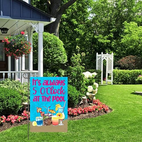 Miniatura 6 de Bandera de jardín de piscina de verano de 12 x 18 pulgadas, doble cara con texto en inglés "It's Always 5 O'clock at The Pool", banderas decorativas