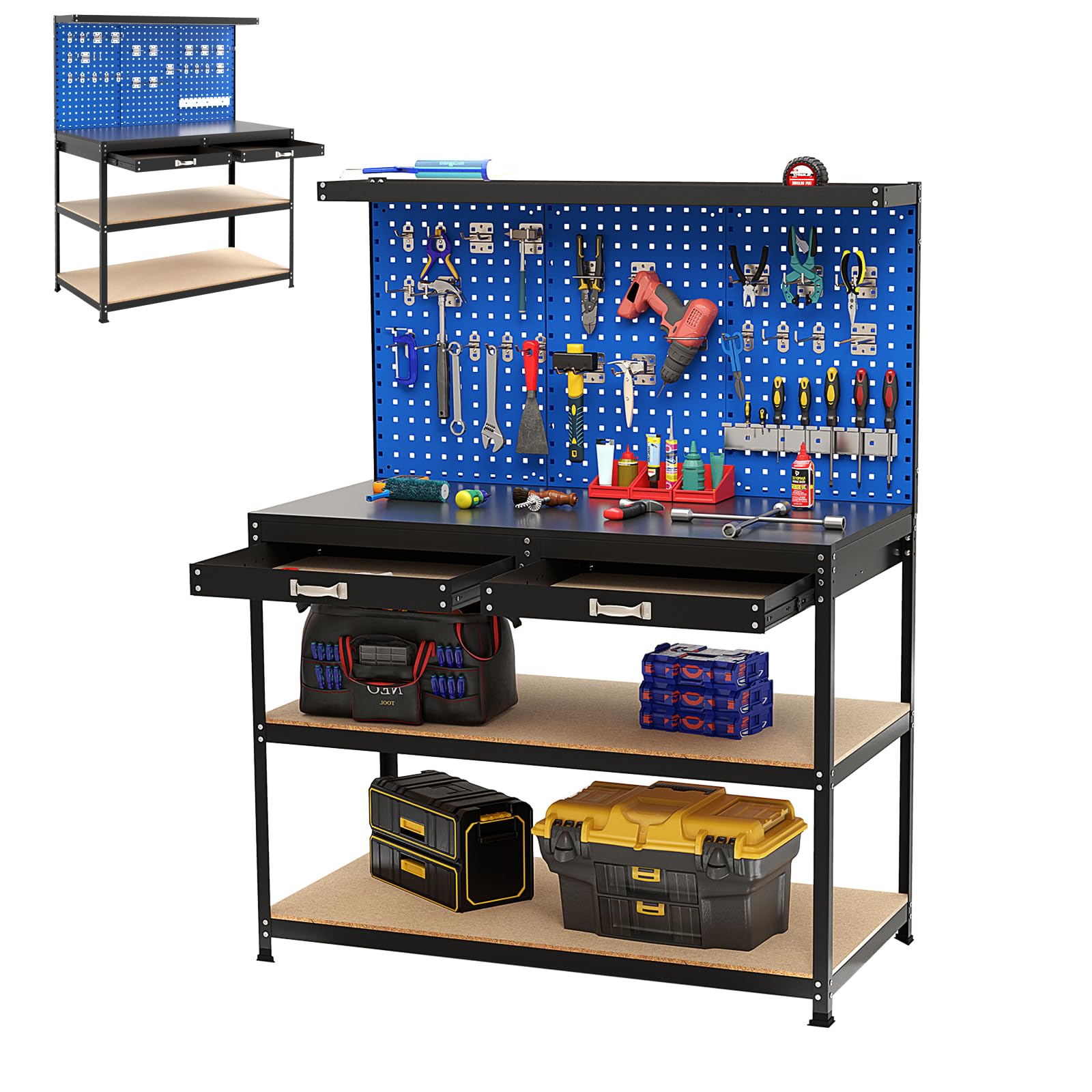 SOARS Banco da Lavoro, Organizer per Attrezzi in Metallo con 3 Pannelli Perforati con Kit di 24 Ganci, 2 Cassetti e 2 Ripiani, Banchi da Lavoro per Officina, Garage (Blu, 121 X 61 X 156 CM)
