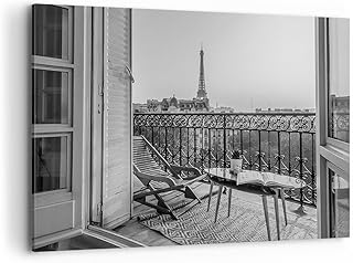 Wandbilder Dekoration Wohnzimmer Schwarzweiß Paris Balkon Bilder auf Leinwand 120x80cm Leinwandbild Schlafzimmer Küche Deko Wand Kunstdruck Art Groß XXL Wanddeko Bild Wall Decor Canvas AA120x80-4595