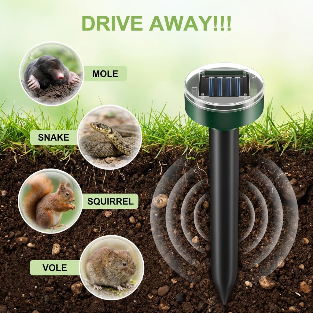 Ultrasonic Solar Mole Repellent - Gopher, Vole & Rodent Repellent for Yard & Garden - Sonic Burrowing Pest Control, Snake & Groundhog Repellent, Pet Friendly, Outdoor Waterproof – 10 Pack, Round