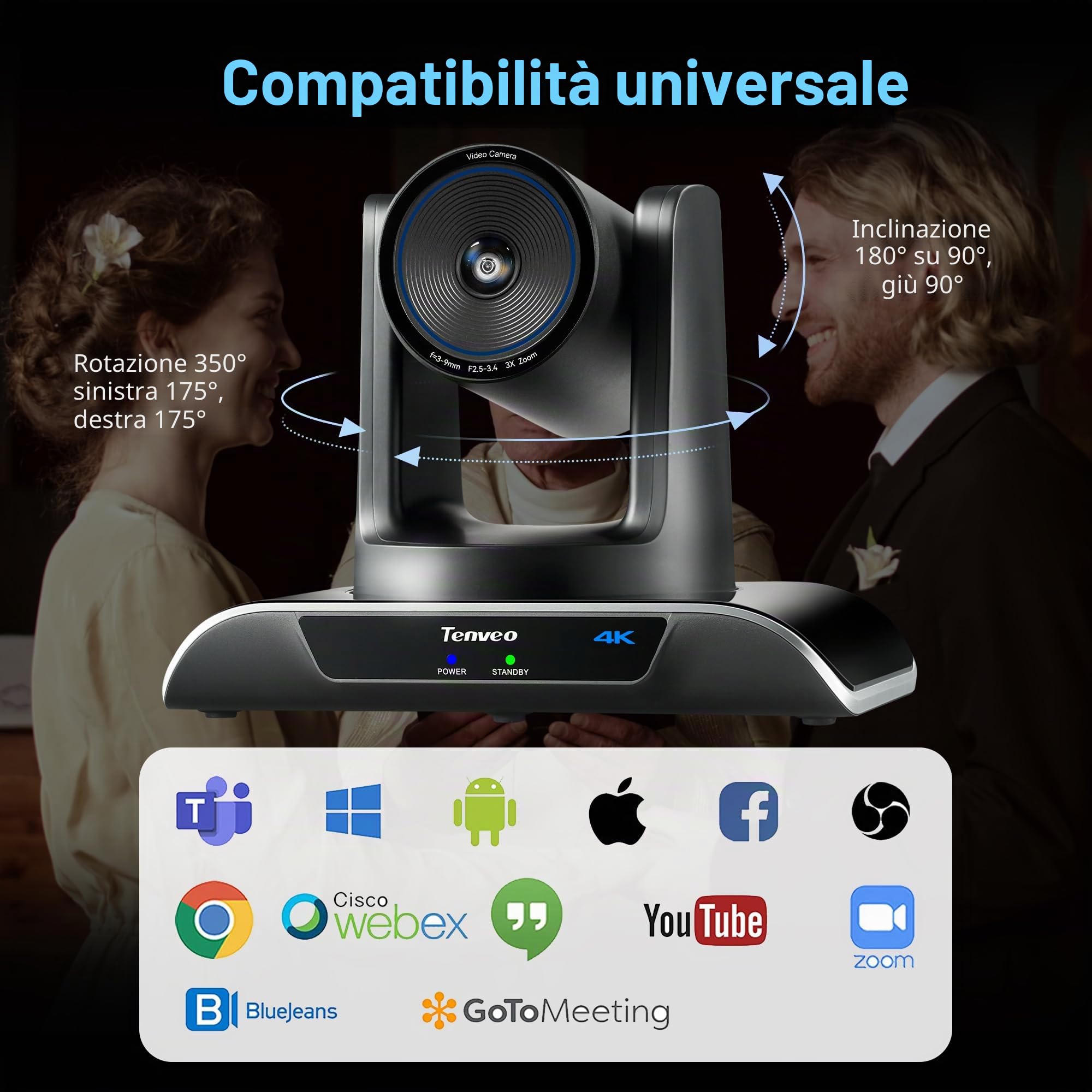 Tenveo Sistema di Telecamera per Conferenze 4K con Microfono Bluetooth, Camera PTZ Zoom Ottico 3X Tracking IA, USB3.0/HDMI, 93° Grandangolo per Videoconferenza, Riunioni, Chiesa, Zoom/Teams/OBS