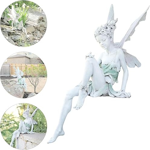 Miniatura 8 de Generic Estatua de jardín sentado de resina, hada realista con escultura de ala, encantador ángel de cuento de hadas al aire libre, adorno para
