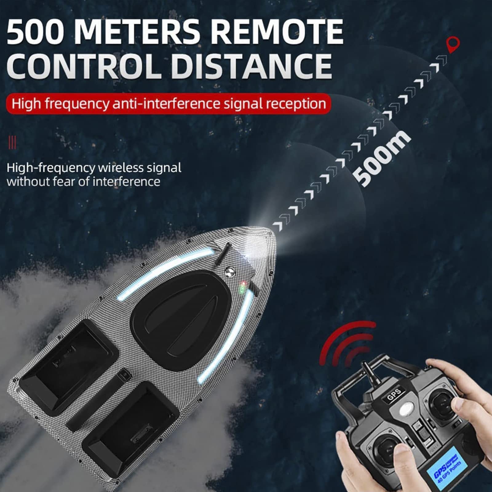 Barco Cebador Carpfishing GPS Inteligente, Barco de Cebo de Control Remoto 500M de Crucero de Velocidad Fija, Luz Nocturna LED, Doble Motor Buscador de Peces Crucero Automático