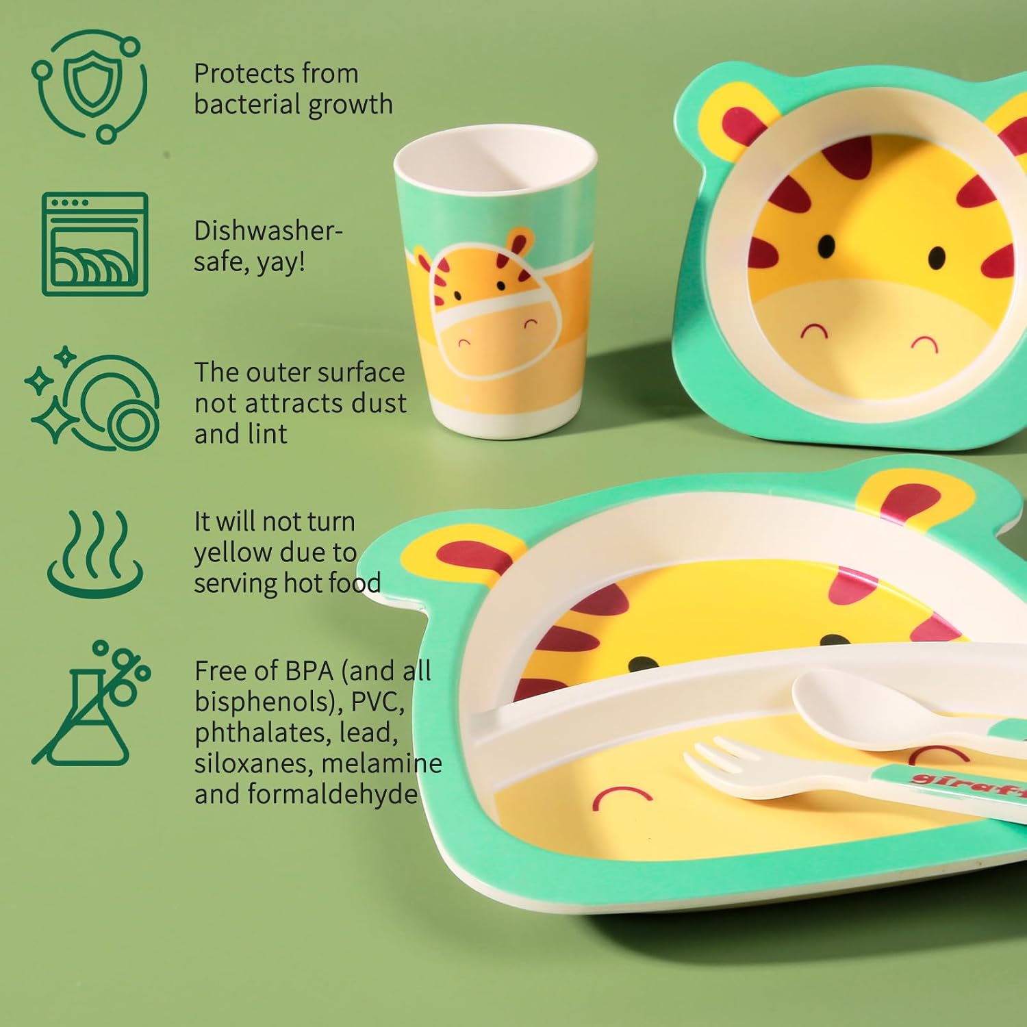 Kids Dinnerware Set, 5-Pieces Includes Divided Plate Bowl Cup Fork Spoon Utensils, BPA Free Bamboo Fiber Material Perfect for Boy and Girls (Giraffe)