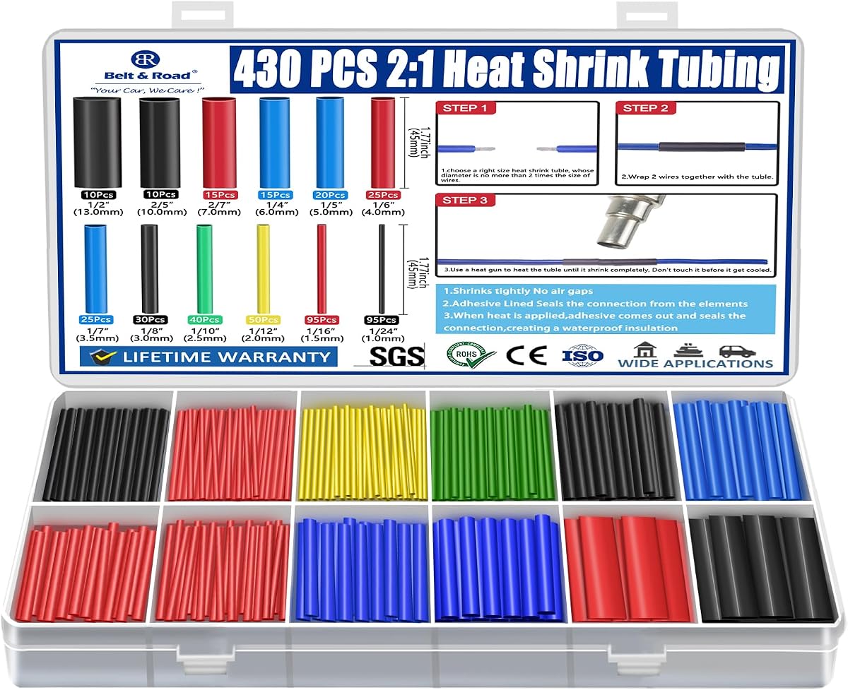 430 pcs 2:1 Heat Shrink Tubing Kit Industrial Heat-Shrink Tubing for Wires, 2:1 Marine Grade Heat Shrink Wrap, Premium Large Electrical Waterproof Heat Shrink Tape,12 Sizes 6Colored Assorted