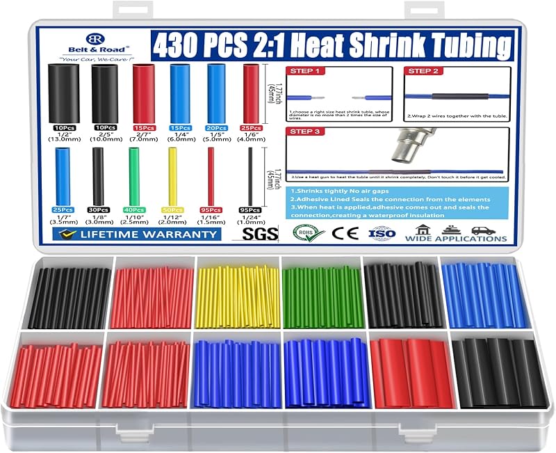 430 pcs 2:1 Heat Shrink Tubing Kit Industrial Heat-Shrink Tubing for Wires, 2:1 Marine Grade Heat Shrink Wrap, Premium Large Electrical Waterproof Heat Shrink Tape,12 Sizes 6Colored Assorted