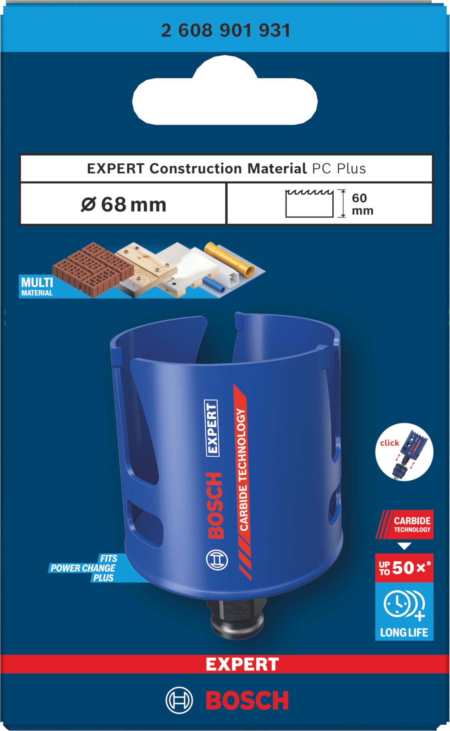 Bosch 1x Sega a tazza EXPERT Construction Material PC Plus (per Legno tenero, Truciolato, Ø 68 mm, Professional Accessorio Trapanoi)