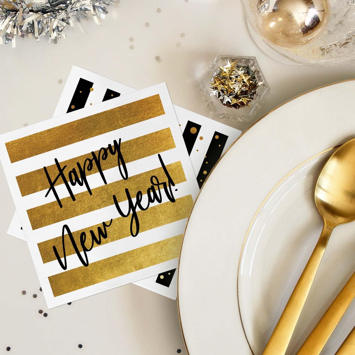 New Year Party Beverage Napkins / 48 Holiday Cocktail Napkins / 4 Black And Faux Gold Party Designs / 4 3/4" x 4 3/4" New Years Eve 3 Ply Napkin Set/Made In The USA