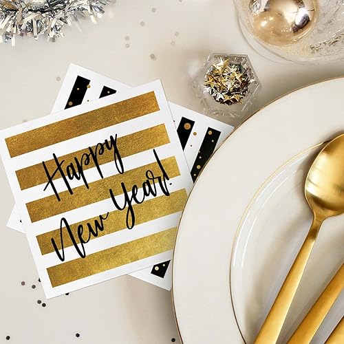 Miniatura 3 de Servilletas de bebidas para fiesta de Año Nuevo, 48 servilletas de cóctel navideñas, 4 diseños de fiesta de color negro y dorado sintético, 4 3/4 x