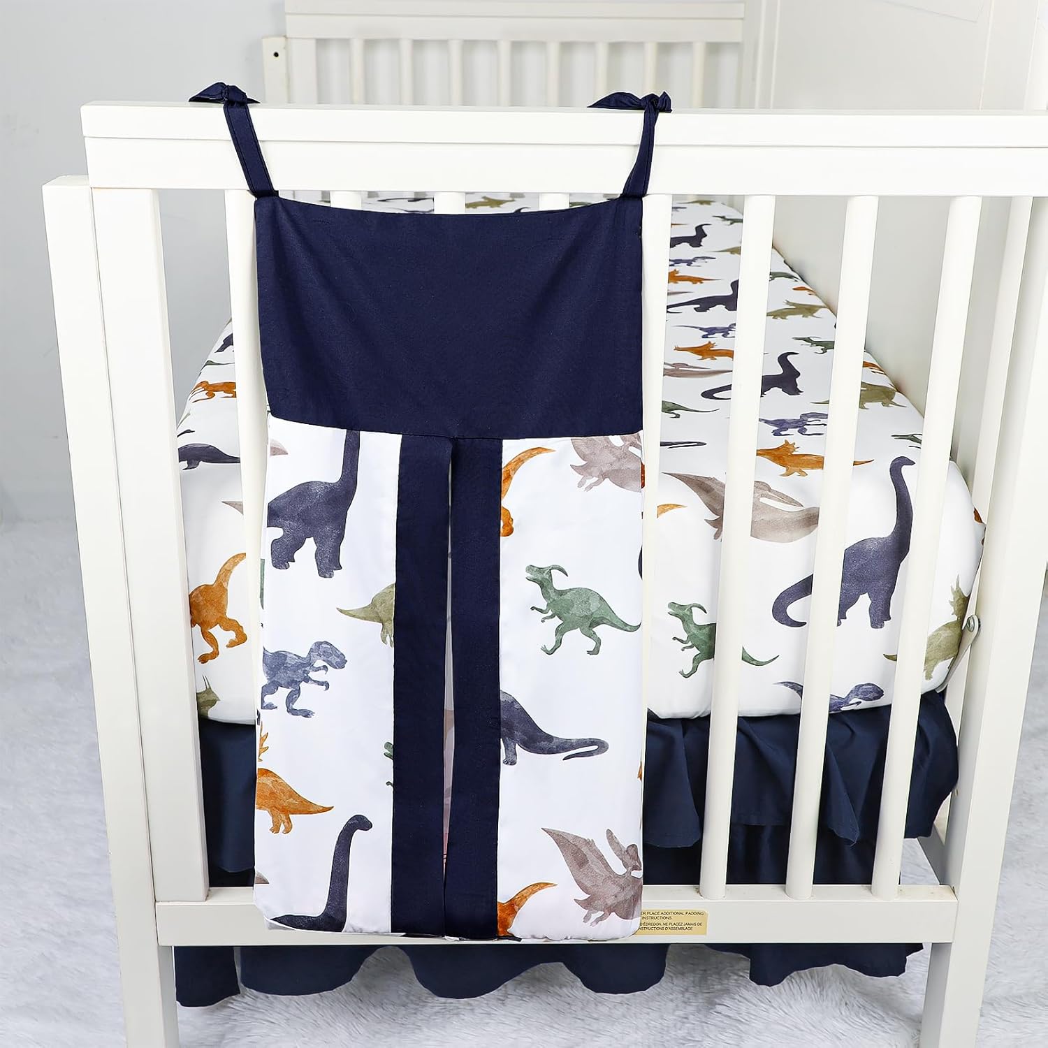 4-Piece Crib Bedding Set, Baby Nursery Bedding Sets for Boys Includes Comforter, Fitted Crib Sheet, Crib Skirt, and Diaper Stacker, Soft Standard Size Crib Comforter Set Blue, Dinosaur