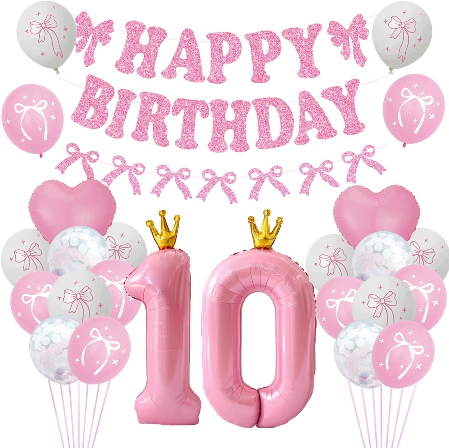 Pink Bow 10th Birthday Decorations,Bowknot Coquette Home Party Supplies for Girl,Sparkling Letter Banner With Scallion Powder Lady Cute Classic Bow