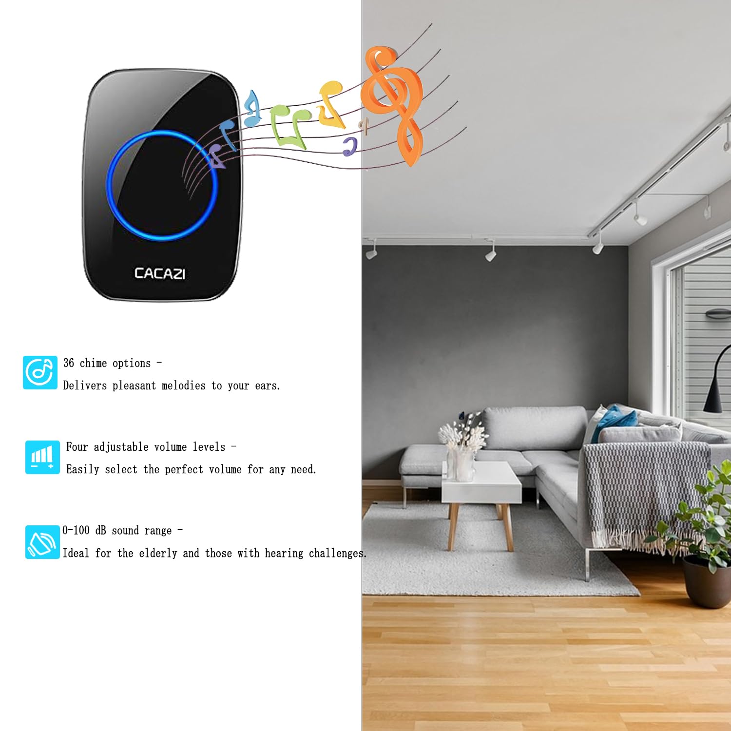 Kit de timbre inalámbrico con rango de 1000 pies, IP44 impermeable, 36 campanas, alertas de puerta delantera/trasera, 5 niveles de volumen y flash LED, fácil instalación para el hogar, oficina, aula