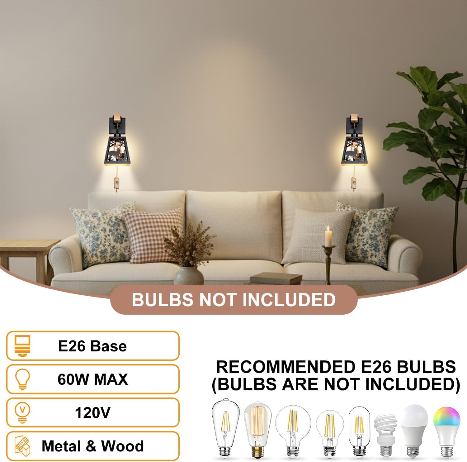 Plug in Wall Sconce,Deer Matte Metal Rustic Wall Sconces,Black Wall Light,Farmhouse Wooden Wall Sconce Light Set of Two,Industrial Wall Lamps for Bedroom,Bedside,Living Room,Bathroom