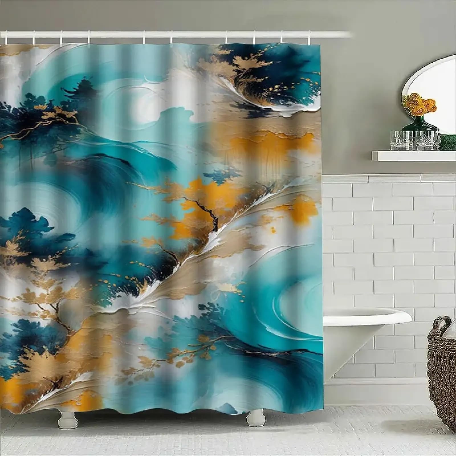 Tenda da doccia astratta per bagno con design colorato blu oceano e oro, decorazione per la casa, in tessuto impermeabile, 200 x 220 cm/79 x 87 pollici (larghezza x altezza).