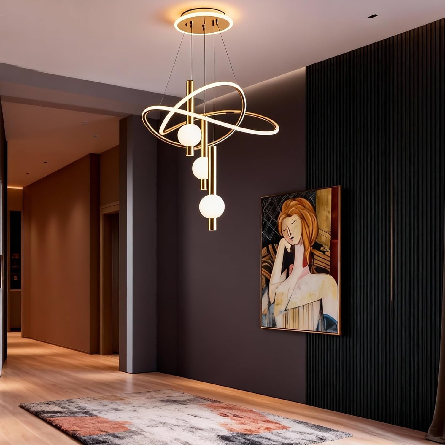 Modern 20" Gold LED Chandelier with Acrylic Lampshade, 3-Color Change Chandelier, 3-Light Height-Adjustable Hanging Lamp for Kitchen Island Dining Room Living Room Hallway