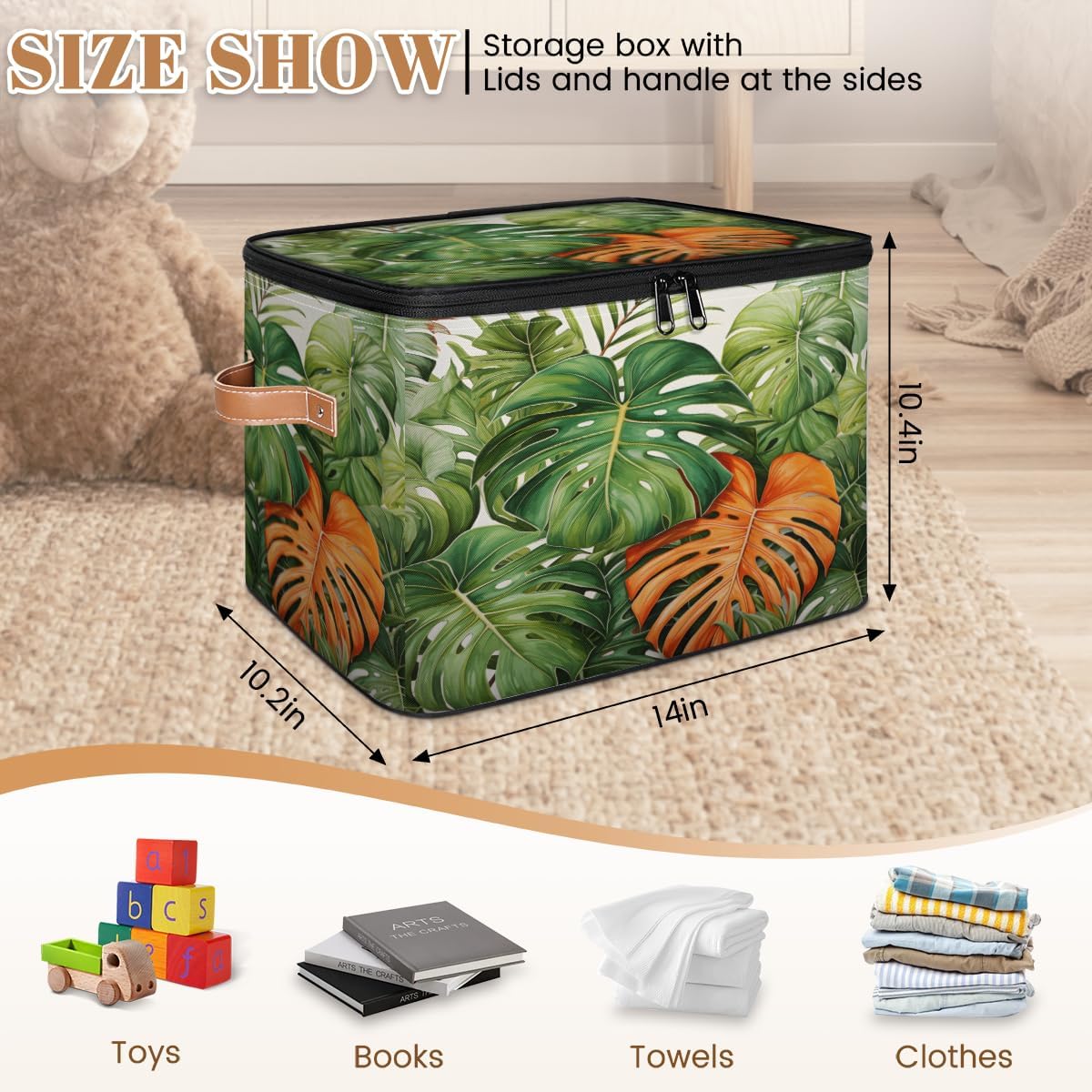 Storage Bin Set of 2 Green Palm Leaf Storage Basket with Zipper Lid & Handle Foldable Closet Shelf 2 Pack Cloth Organizer Basket Cube Bins Clothes Organizer for Bedroom, Nursery