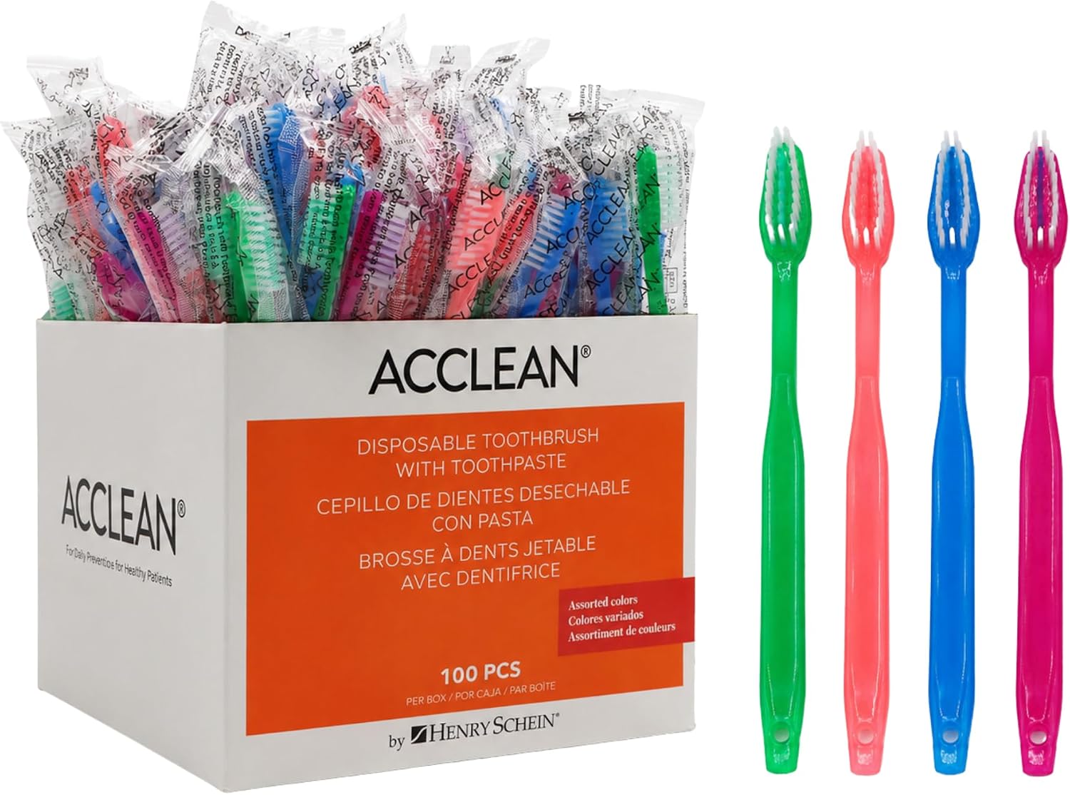 Henry Schein Acclean Disposable Pre-Pasted Toothbrushes – Full Head, Individually Wrapped, Just Add Water, Assorted Colors, Single-Use Oral Care – 100 Count
