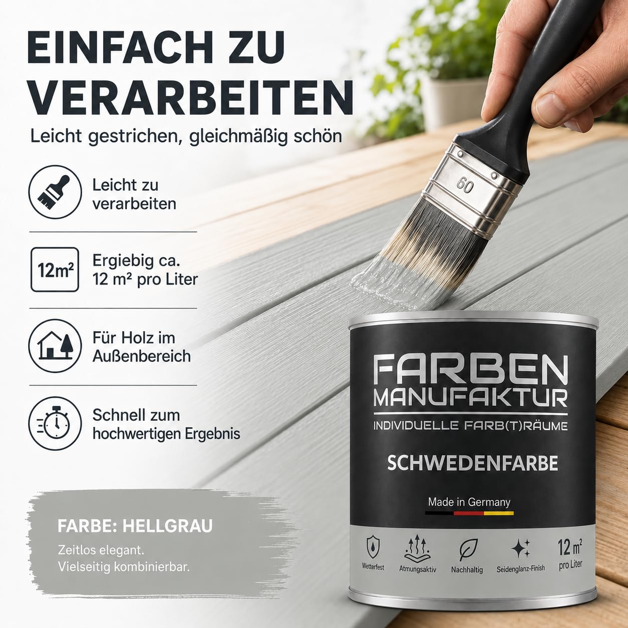 Schwedenfarbe Holzfarbe Außen Wetterfest – Holzschutzfarbe für Fassade, Gartenhaus, Zaun & Scheune – Diffusionsoffen & Nachhaltig Wetterschutzfarbe 1/2/5L, Größe: 5L, Farbe: Schweden hellgrau