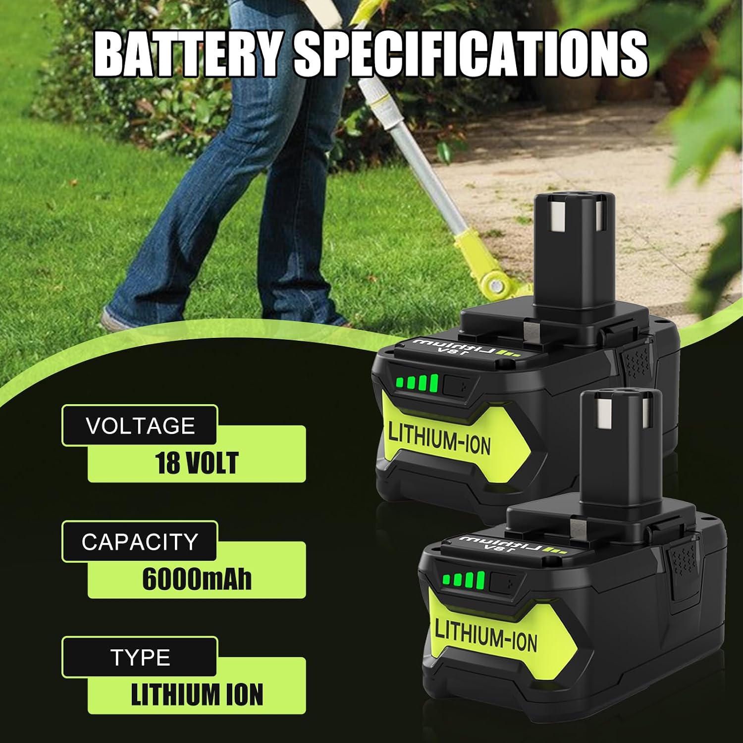 2 Packs 6ah P108 18V Battery and P117 Charger Compatible with Ryobi 18 Volt Batteries Lithium ion P100 P102 P103 P104 P105 P107 P108 P109 P119 P122 (Green)