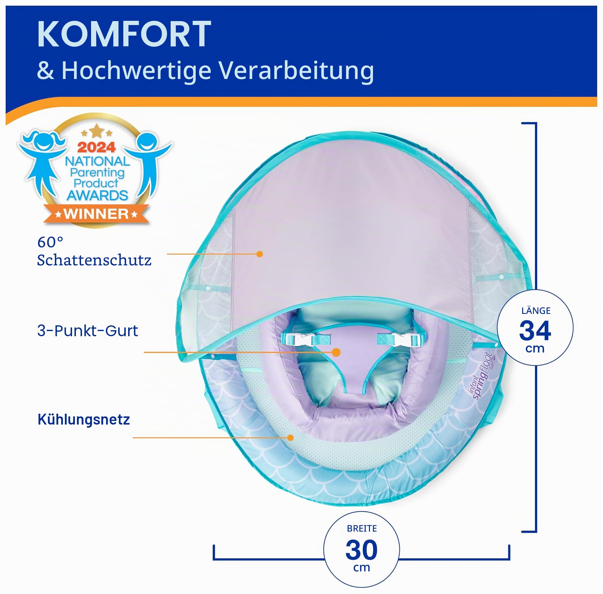 SwimWays Baby-Frühlingsschwimmer, Baby-Pool-Schwimmer mit Baldachin, Schwimmbadzubehör für Kinder 3-9 Monate, Meerjungfrau