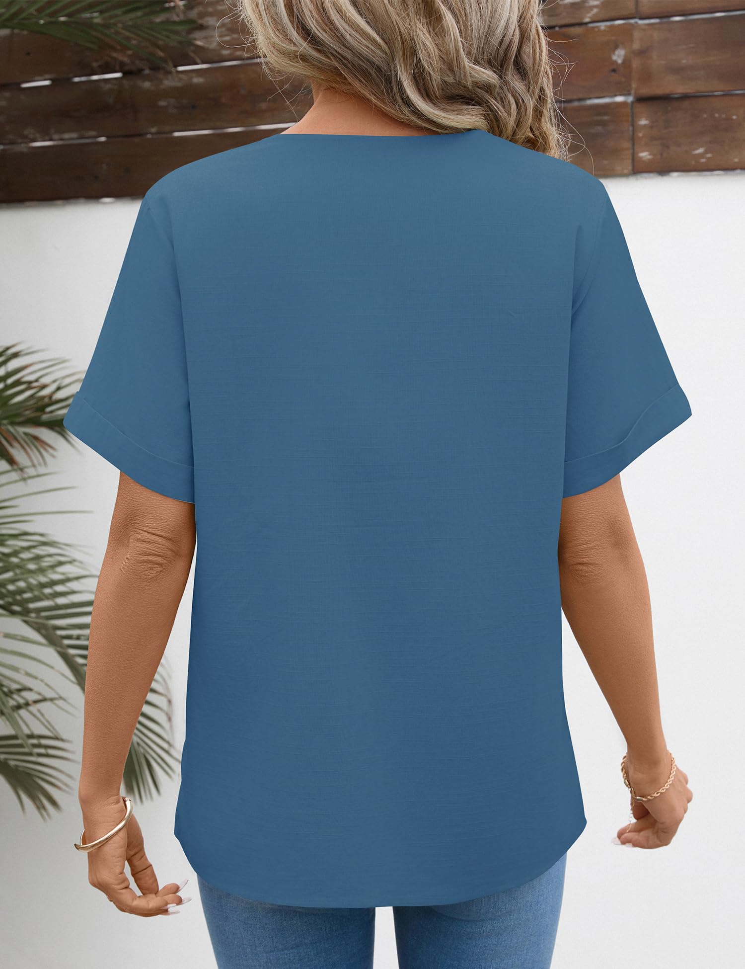 Rapbin Bluse Damen Kurzarm Baumwolle Leinen V-Ausschnitt Oberteil Locker Lässiges Sommer Tops Spitze Elegant Tunika Blusen
