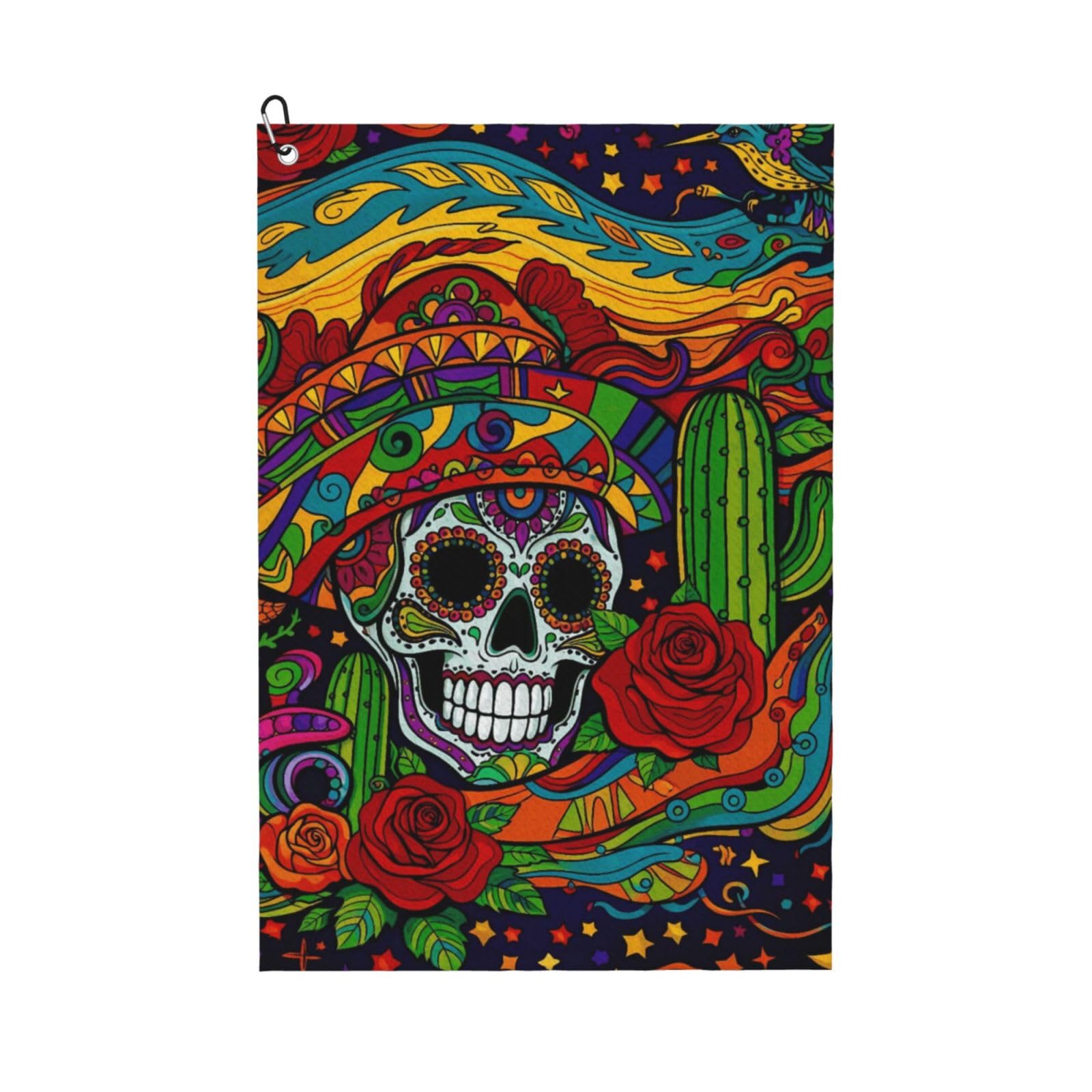 Oudrspo Vibrant Colorful Calavera & Flower Multi-Functional Golf Towel | Absorbent Quick Drying 16x24in