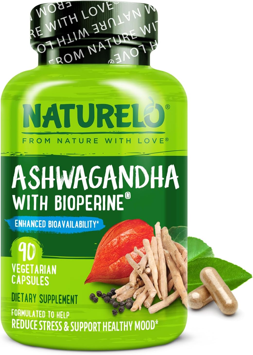 NATURELO Ashwagandha Organic Root Powder - Natural Herbs Supplement for Fatigue, Stress Relief, Mood Enhancer - with Black Pepper Extract - 90 Vegan Capsules