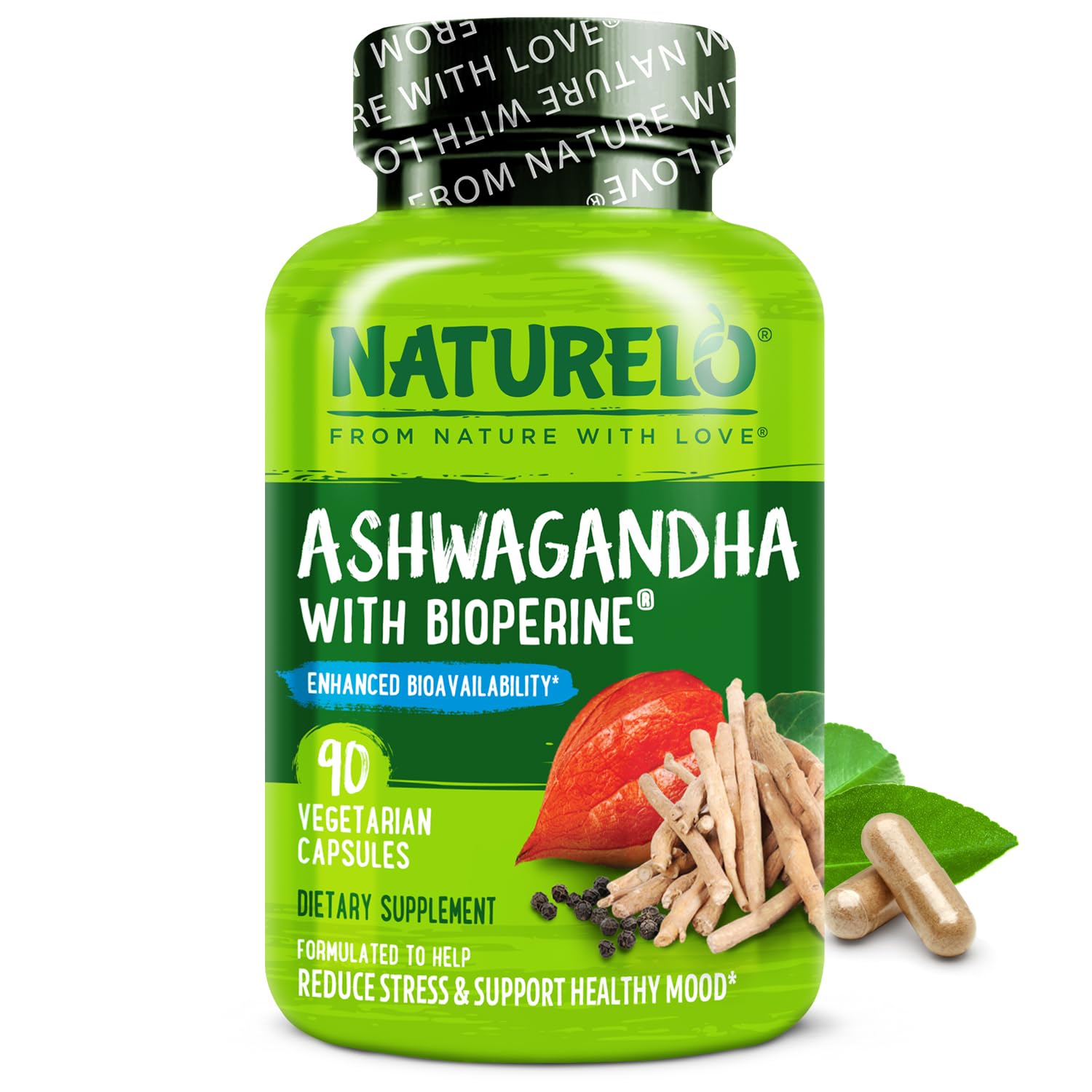 NATURELO Ashwagandha Organic Root Powder - Natural Herbs Supplement for Fatigue, Stress Relief, Mood Enhancer - with Black Pepper Extract - 90 Vegan Capsules