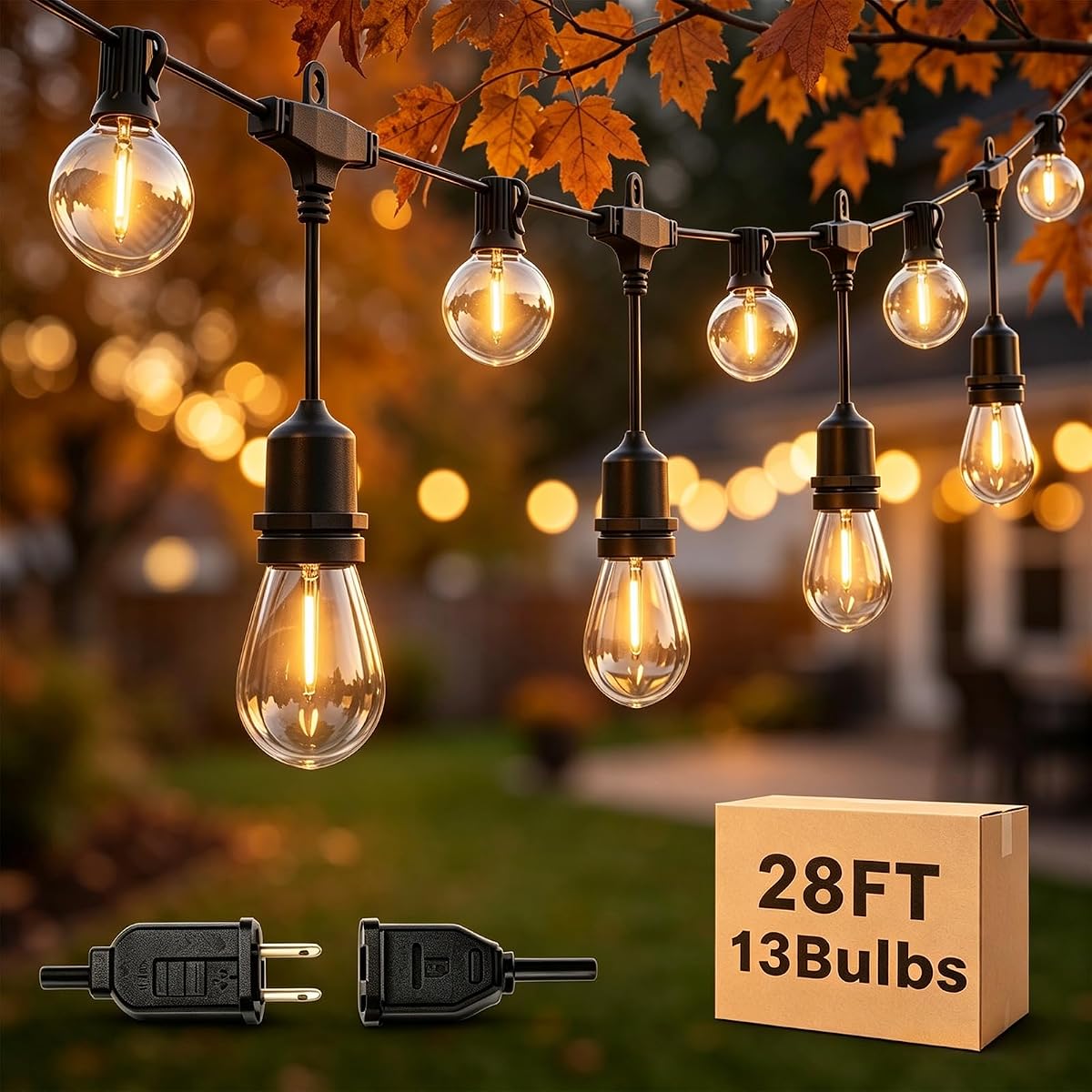 28FT Outdoor String Lights with S14 & G40 Waterproof Edison LED Bulbs | Shatterproof, 2700K Dimmable, Plug-in Outdoor String Lights for Outside Deck,Camp, Backyard, Pergola, Party, E12 Base