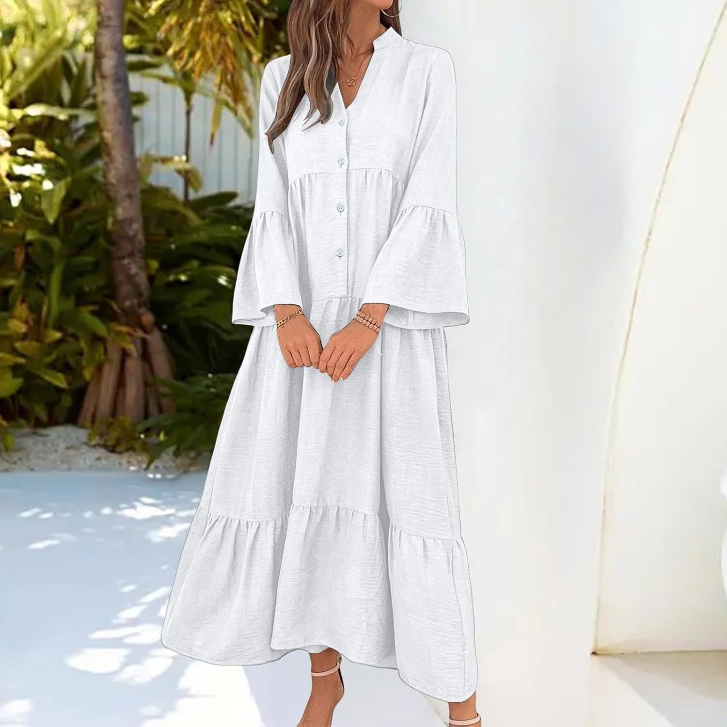 Women Tiered Maxi Dress Long Sleeve Button Bell Sleeve Dresses