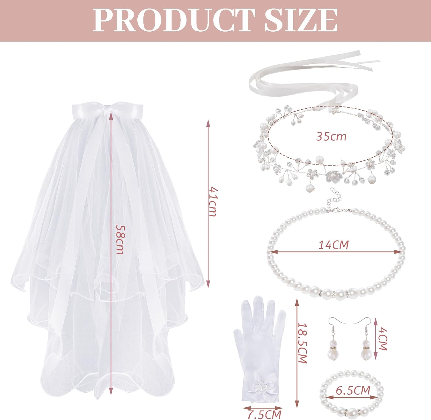 hoyuwak 6 Pcs First White Communion Veil Set Flower Rhinestone Pearl Headpiece White Pearl Earring Necklace Bracelet Accessories for Wedding