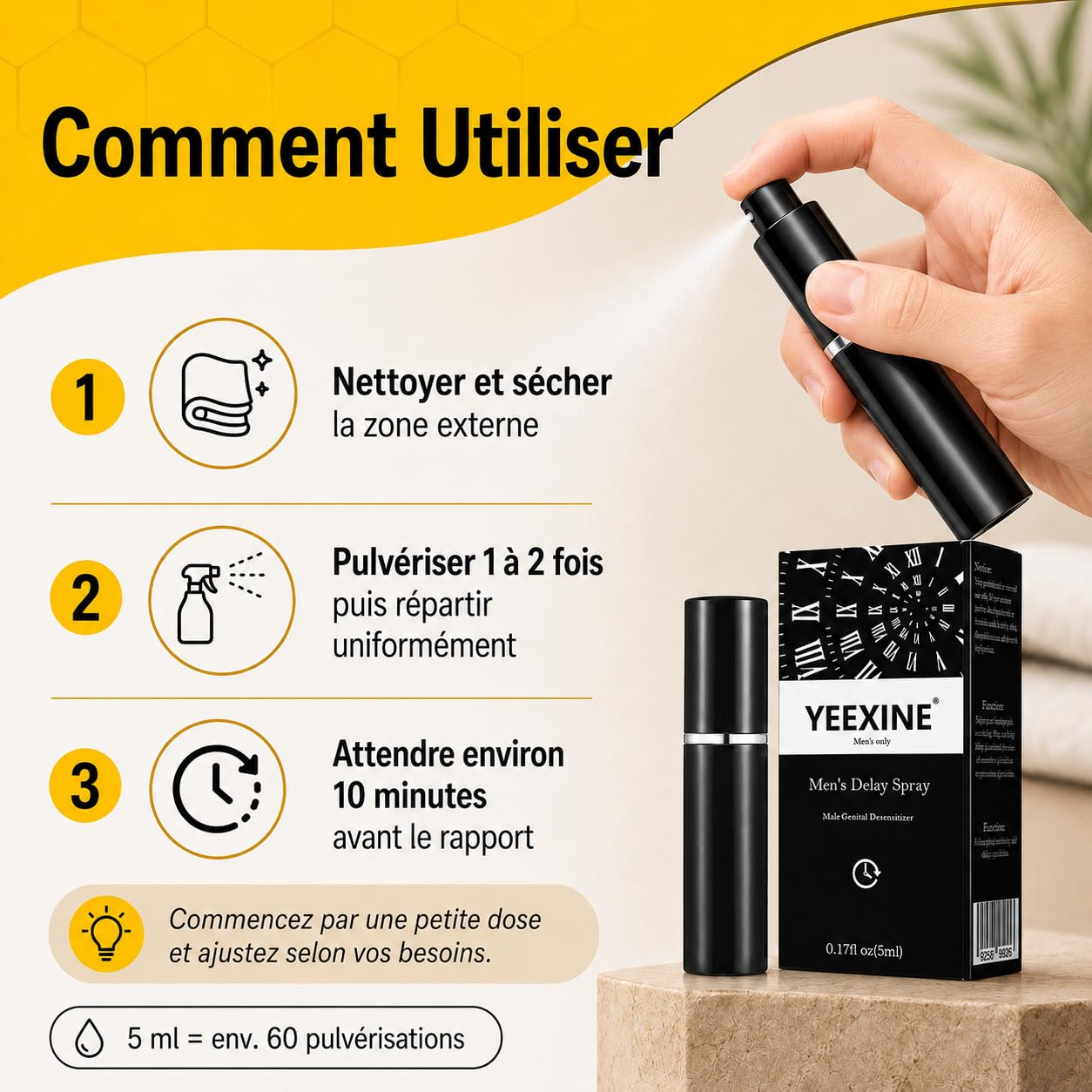 Delay Spray for Men, Spray Retardant pour Homme, Formule Végétale pour Contrôle de Sensibilité, Aide à la Prolongation, Sans Engourdissement, Améliore l'Endurance & Plaisir
