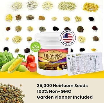 Heavens Harvest - 10 Year Survival Or Homestead Garden | 25k+ Heirloom Vegetable Seed Bank Kit | Includes Seed Vault Storage Drum | Non-GMO