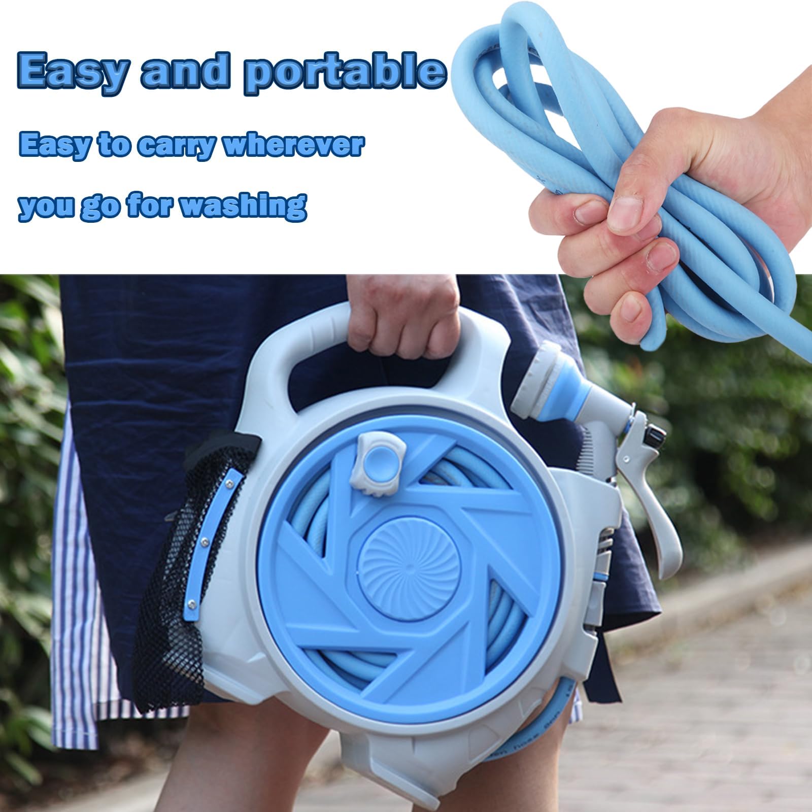 Avvolgitubo da giardino con avvolgimento automatico e ugello spruzzatore multi-modello per una facile irrigazione del patio, design portatile
