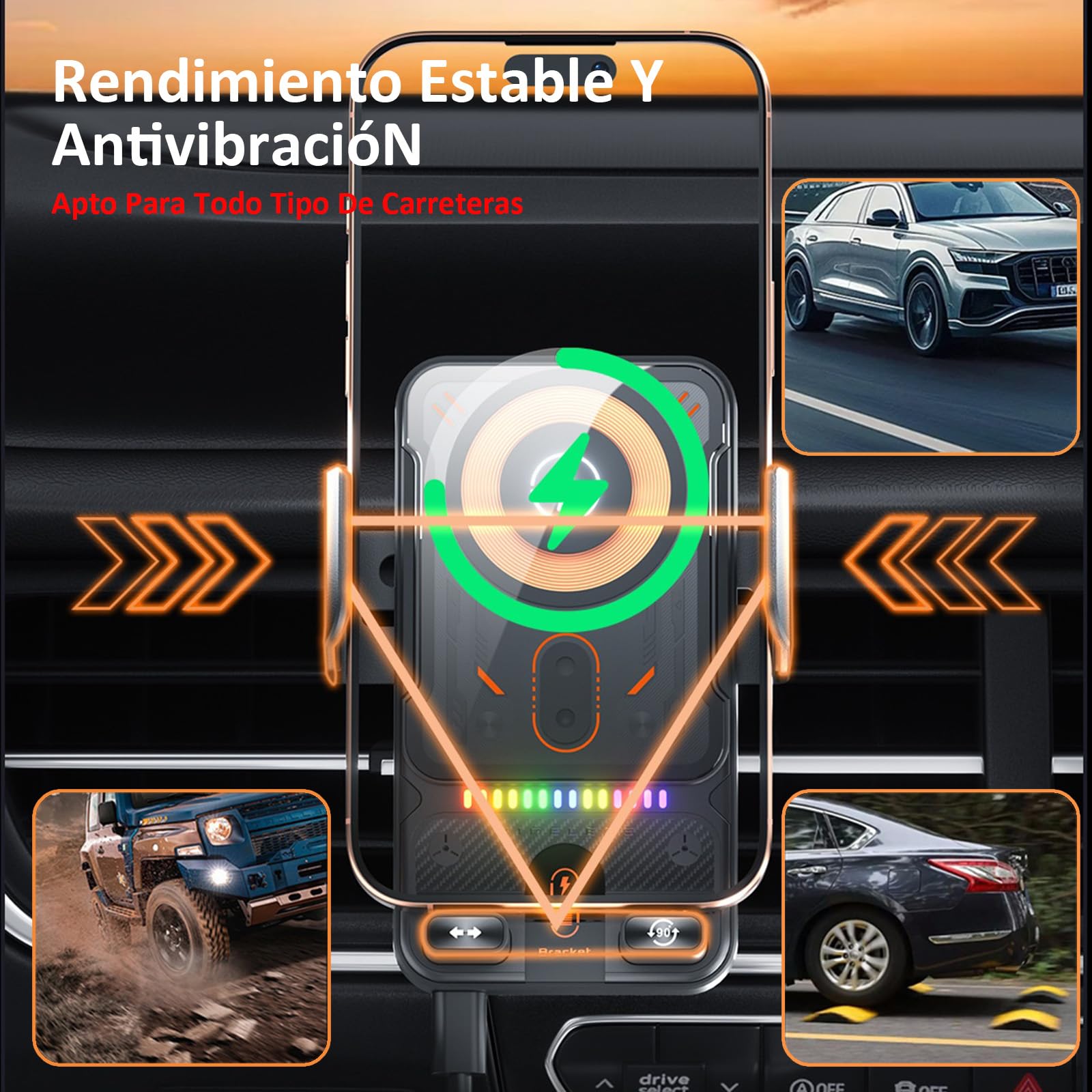 Nuevo Soporte de Carga Rápida Inalámbrica para Coche 2026, Rotación Motorizada de 90°, Sujeción Automática, 15 W, Compatible con Múltiples Potencias de Salida (Negro)