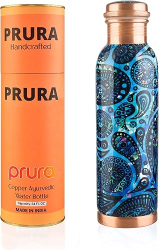 Botella de agua de cobre con estampado puro, a prueba de fugas, recipiente de cobre ayurvédico para deportes, gimnasio, aire libre, yoga, beneficios