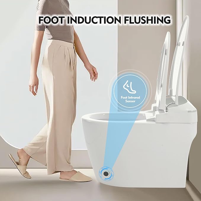 Inodoro inteligente de una pieza con asiento calefactado, descarga automática sin tanque y sensor de pie, función bidet, luz nocturna LED y control por perilla, para baño, blanco miniatura 5