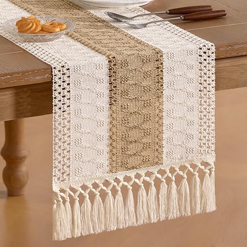 Miniatura 3 de Socomi Camino de mesa bohemio de verano rústico para comedor, cocina, centro de mesa, decoración pequeña de macramé de algodón y lino, camino de
